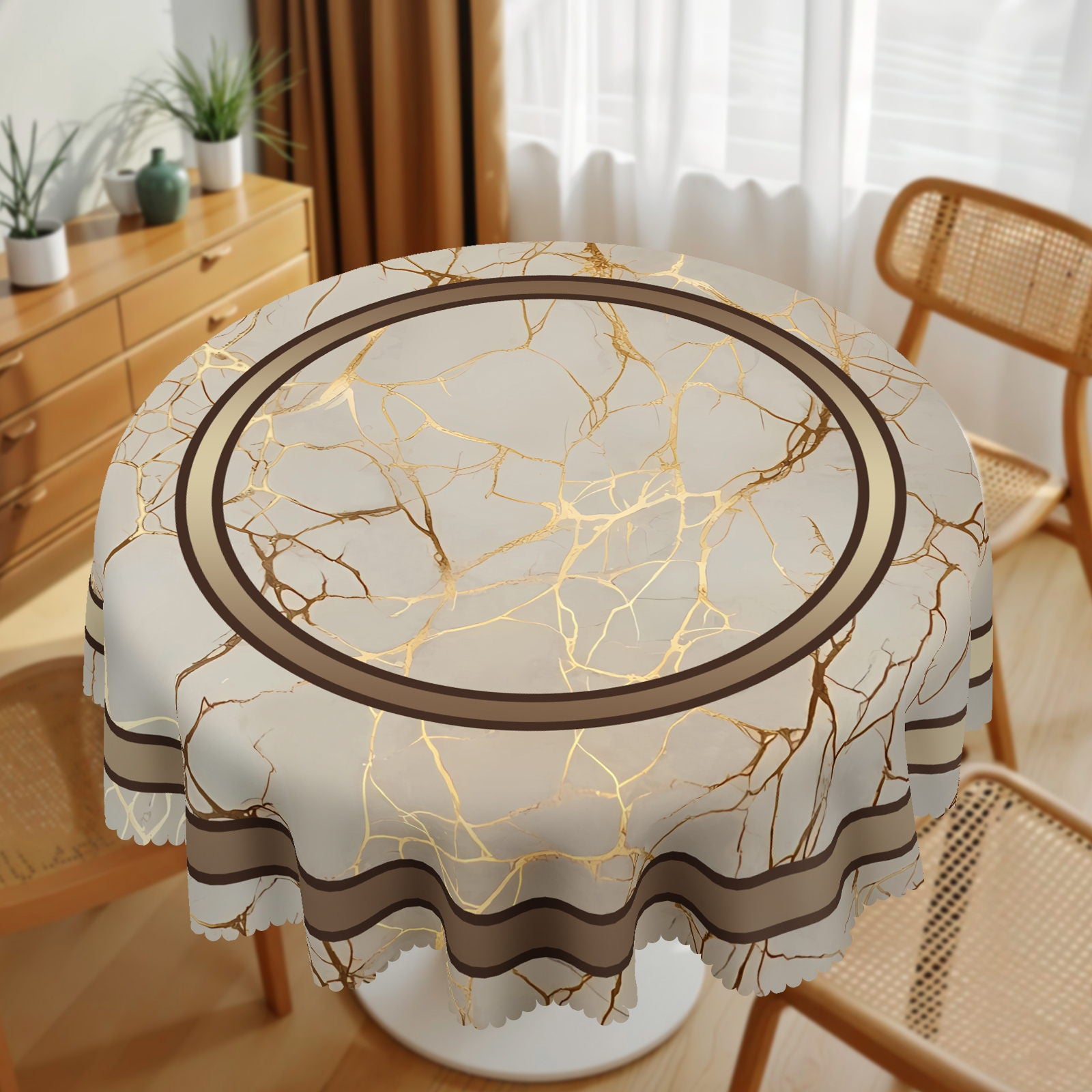 Vintage Golden stripes Tablecloth, Dustproof Easy-Care Dining Table Cover for Indoor Outdoor Use and Festive Home Decor