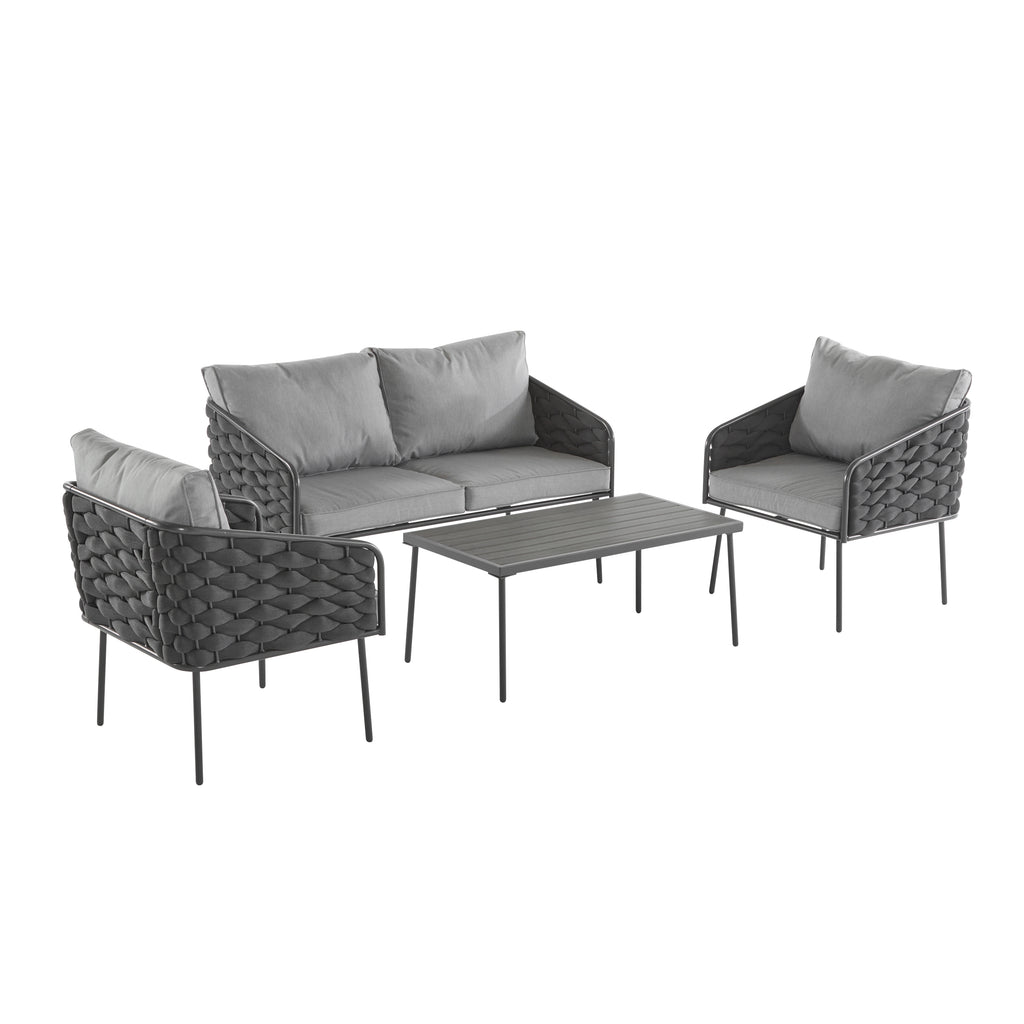 4-Pieces Outdoor Metal Patio Furniture Set, 4-Seat Patio Furniture Sofa Set with Cushion, Modern Outdoor Furniture Deep Seating for Porch, Garden, Backyard, Balcony, Grey