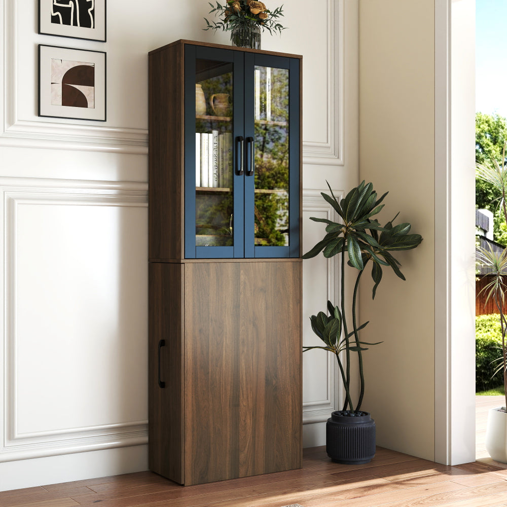 Chic Crate 70.87" Tall Display Cabinet with Glass Doors & 4‑Tier Pull‑Out Shelves – Modern Wooden Storage Bookcase Cabinet