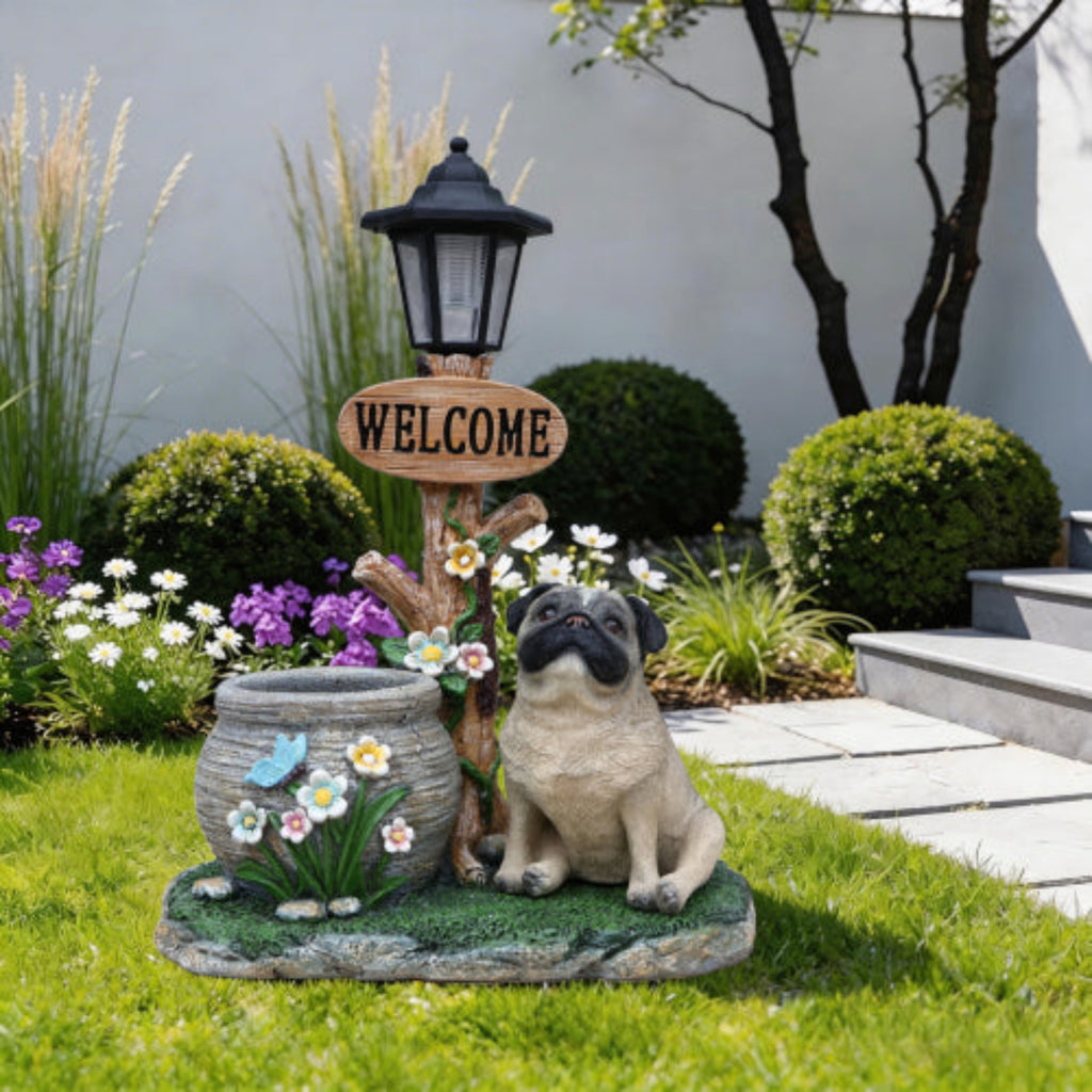 Sitting Pug Dog Shaped Planter Statue with Classic Design for Home and Desktop Greenery