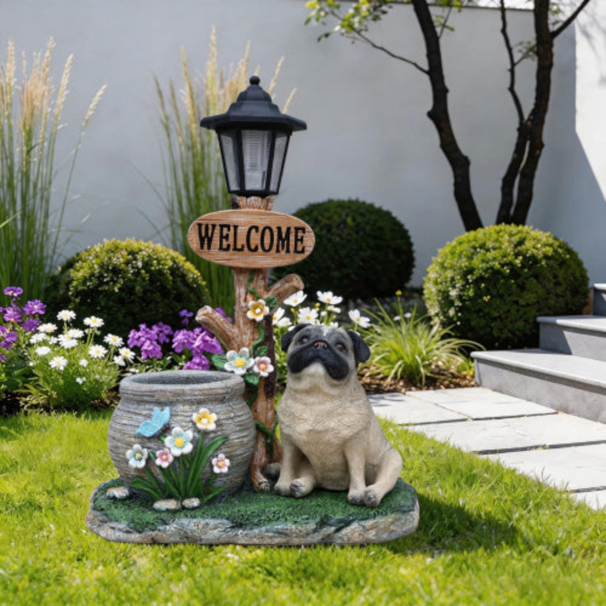Sitting Pug Dog Shaped Planter Statue with Classic Design for Home and Desktop Greenery