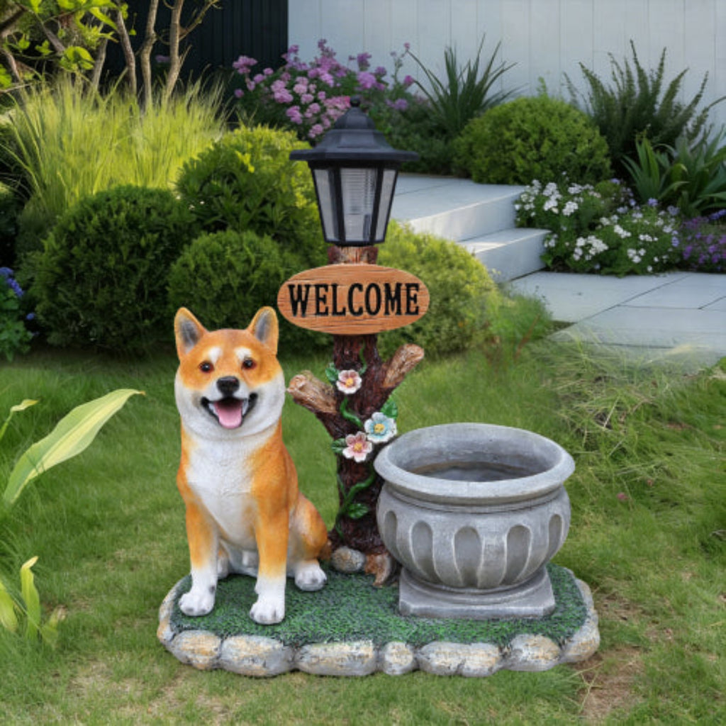 Sitting Akita Dog Shaped Planter Statue with Dignified Modeling for Potted Flowers