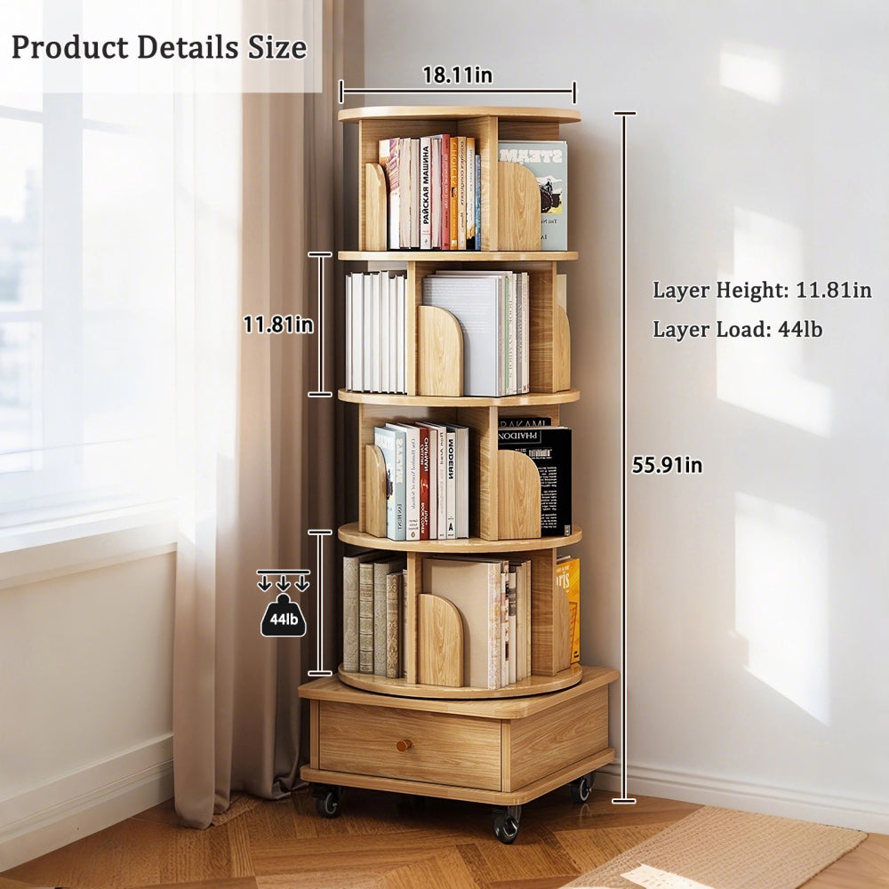 Chic Crate-5-Tier Rotating Bookshelf – 360° Display | Wheels+Drawer | Space-Saver | Bedroom/Living Room/Office | Wood