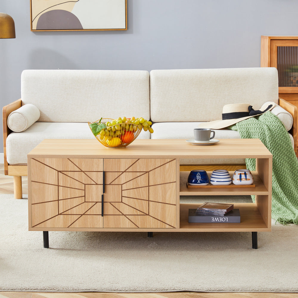 Chic Crate - Spider Web Textured MDF Coffee Table, Art Geo Design & Practical Use, Natural Wood Tones 43x24x18in