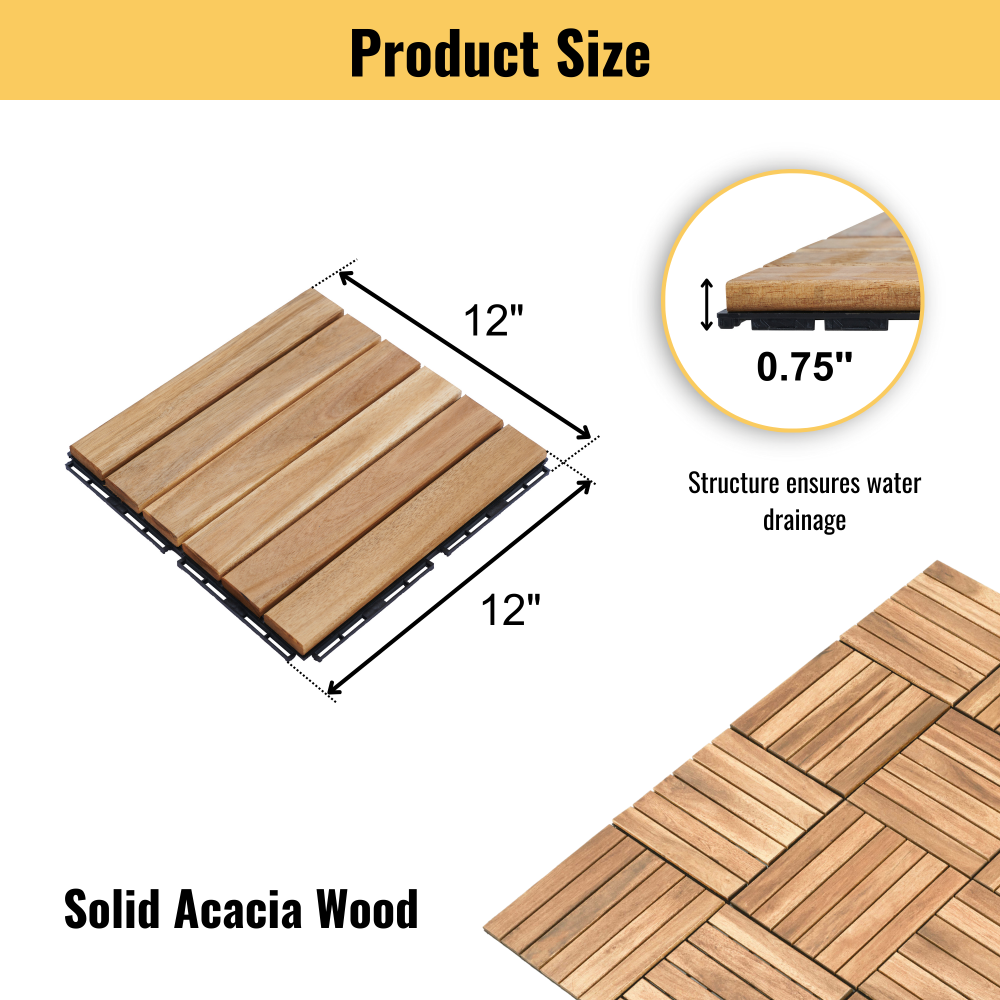 Chic Crate 10Pack 12in Striped Deck Tiles – Interlocking Yellow Acacia Hardwood Flooring