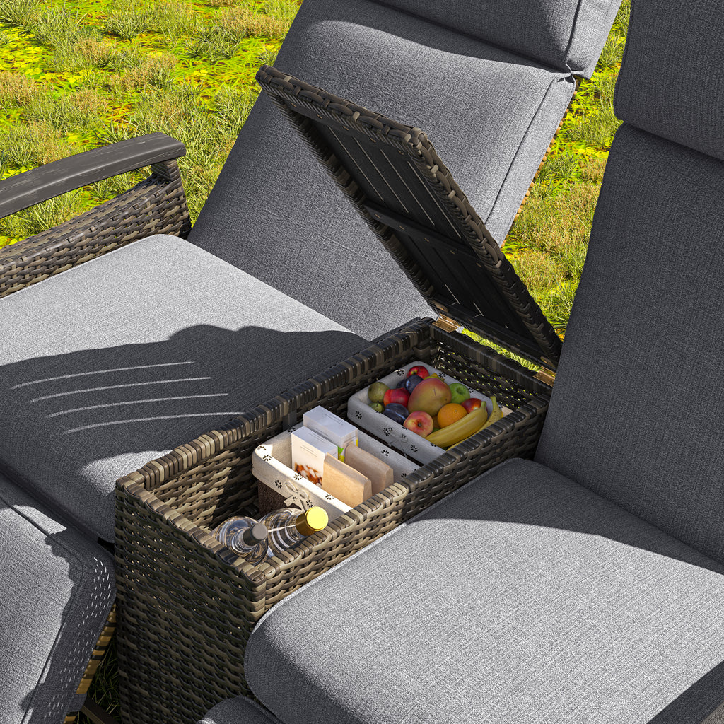 Patio Recliner Loveseat Chair, Adjustable Backrest Wicker Outdoor Lounge Chair Set with Acacia Wood Armrests and Built-in Storage Table for Balcony, Porch, Lawn, Gray