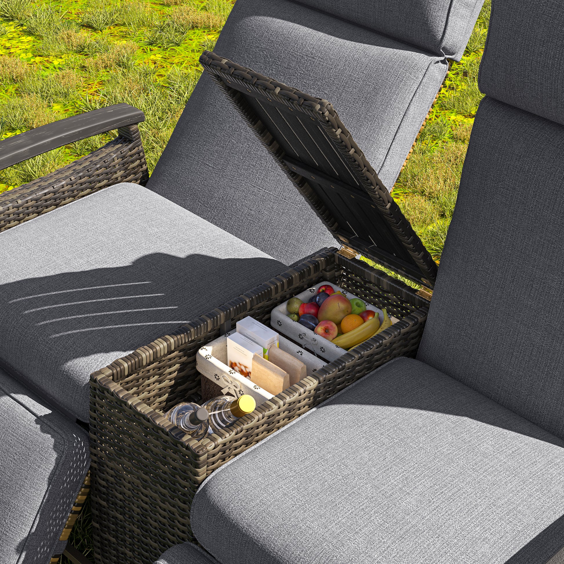 Patio Recliner Loveseat Chair, Adjustable Backrest Wicker Outdoor Lounge Chair Set with Acacia Wood Armrests and Built-in Storage Table for Balcony, Porch, Lawn, Gray