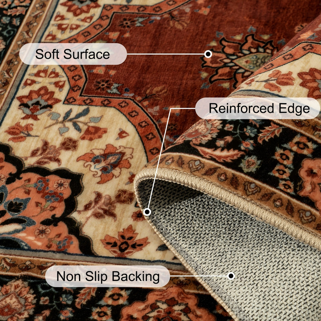 5x7ft Washable Oriental Floral Prints Area Rug, Thin Distressed Non-Slip Carpet for Living Room Bedroom, Kitchen Dining Room Decor