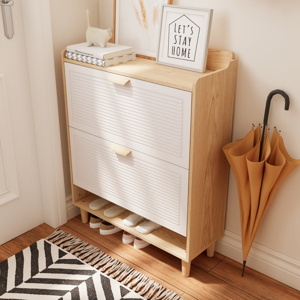 Chic Crate-31.5in Nordic Shoe Storage Cabinet – 2 Flip-Drawer Organizer | Solid Wood Legs | Entryway/Narrow | White/Solid Wood