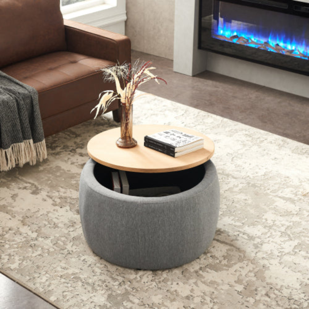 Round Storage Table, 2-in-1 Multi-Function as End Table & Ottoman, 25.5"x25.5"x14.5", Modern End Table for Living Room & Bedroom Office Dark Grey
