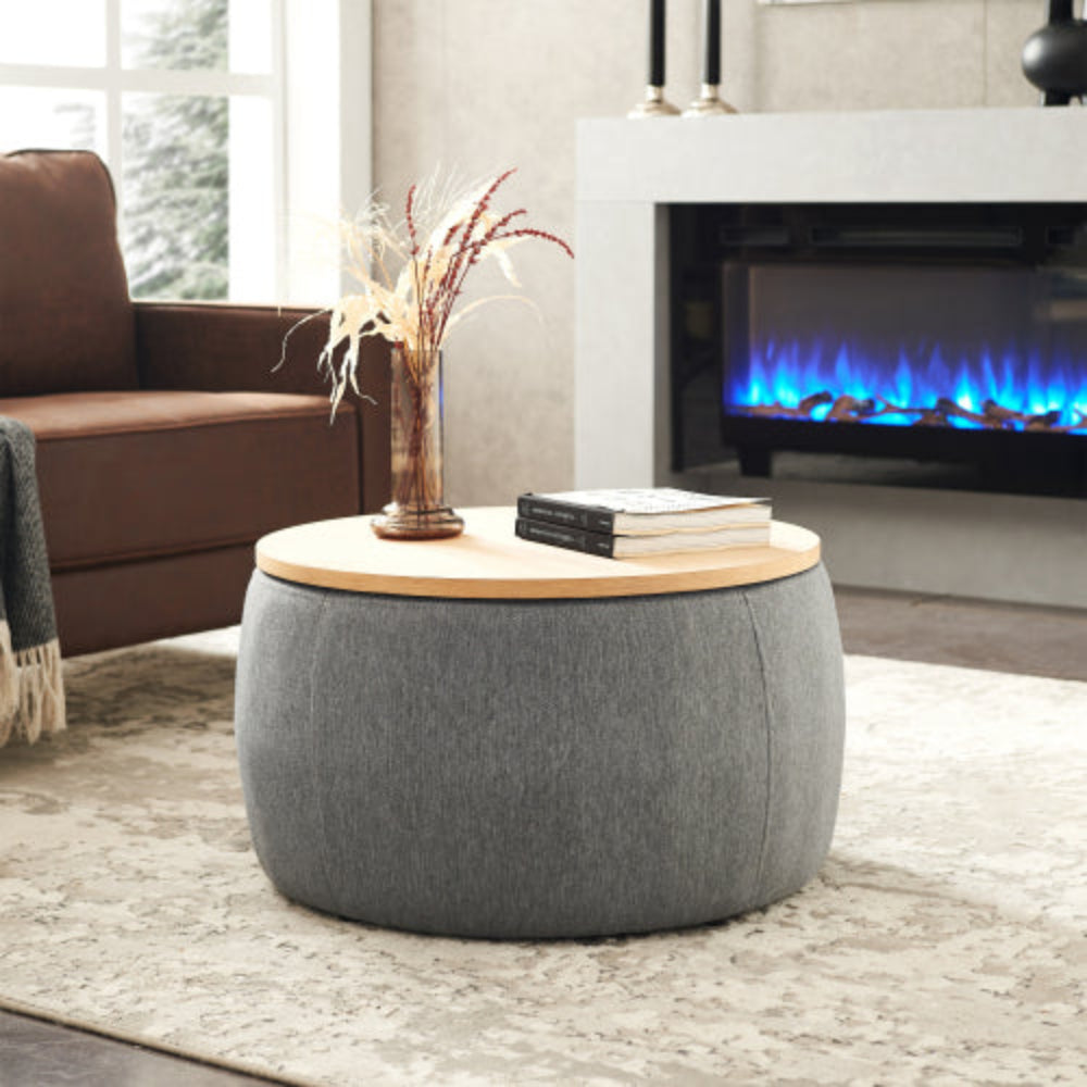 Round Storage Table, 2-in-1 Multi-Function as End Table & Ottoman, 25.5"x25.5"x14.5", Modern End Table for Living Room & Bedroom Office Dark Grey