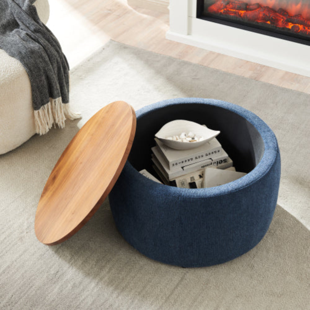 Round Storage Table, 2-in-1 Multi-Function as End Table & Ottoman, 25.5"x25.5"x14.5", Modern End Table for Living Room & Bedroom Office Navy Blue