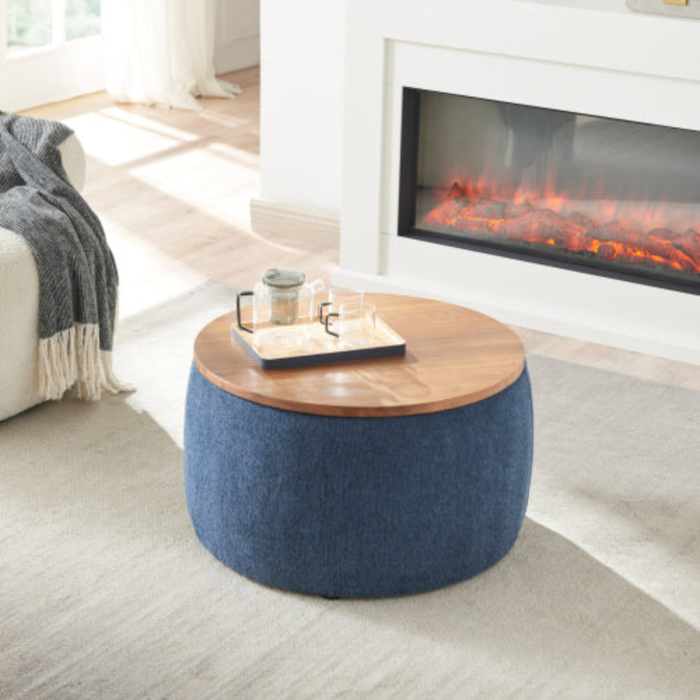 Round Storage Table, 2-in-1 Multi-Function as End Table & Ottoman, 25.5"x25.5"x14.5", Modern End Table for Living Room & Bedroom Office Navy Blue
