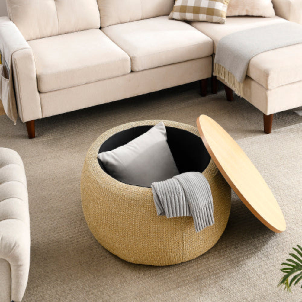 Round Storage Table, 2-in-1 Design Works as End Table & Ottoman, Natural Finish, 25.5"x25.5"x14.5", Modern End Table  for Living Room Office