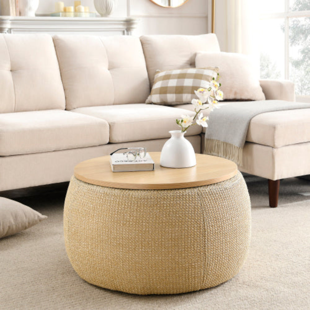 Round Storage Table, 2-in-1 Design Works as End Table & Ottoman, Natural Finish, 25.5"x25.5"x14.5", Modern End Table  for Living Room Office