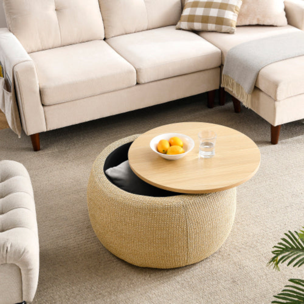 Round Storage Table, 2-in-1 Design Works as End Table & Ottoman, Natural Finish, 25.5"x25.5"x14.5", Modern End Table  for Living Room Office