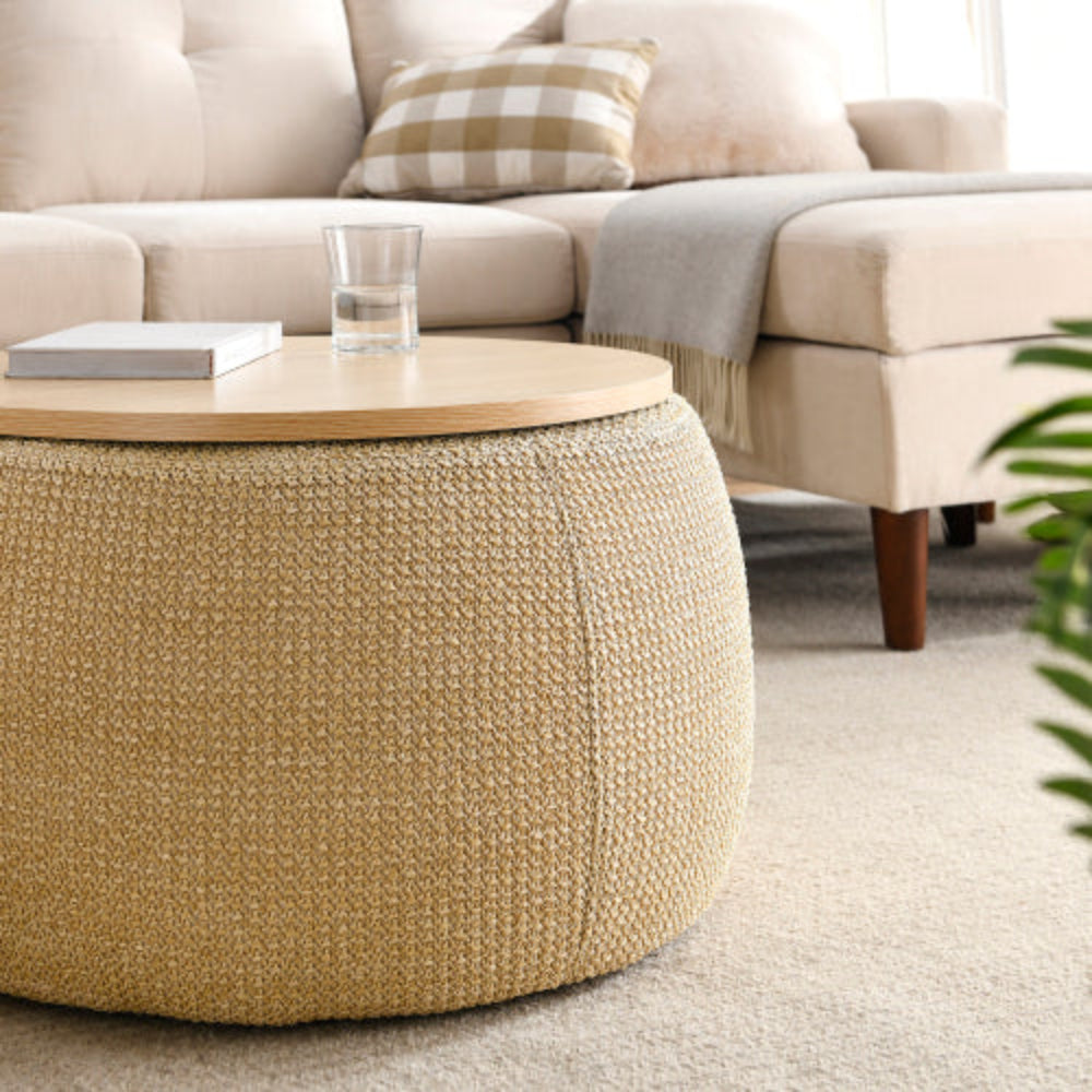 Round Storage Table, 2-in-1 Design Works as End Table & Ottoman, Natural Finish, 25.5"x25.5"x14.5", Modern End Table  for Living Room Office