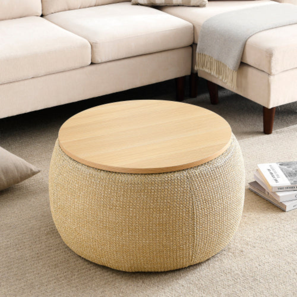 Round Storage Table, 2-in-1 Design Works as End Table & Ottoman, Natural Finish, 25.5"x25.5"x14.5", Modern End Table  for Living Room Office