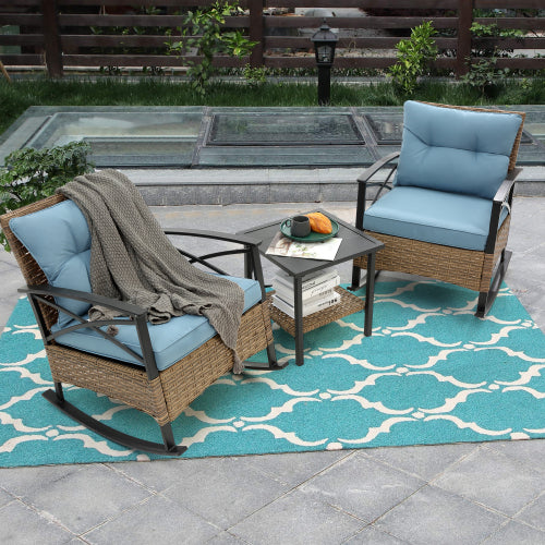 Chic Crate 3 Pcs Outdoor Rattan Rocking Chair Set, Leisure Wicker Rocker Patio Furniture for Porch Garden Backyard Balcony