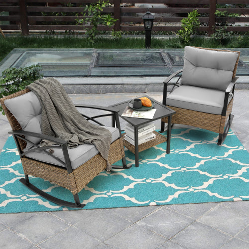 Chic Crate 3 Pcs Outdoor Rattan Rocking Chair Set, Leisure Wicker Rocker Patio Furniture for Porch Garden Backyard Balcony
