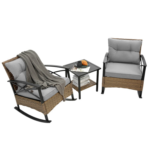 Chic Crate 3 Pcs Outdoor Rattan Rocking Chair Set, Leisure Wicker Rocker Patio Furniture for Porch Garden Backyard Balcony