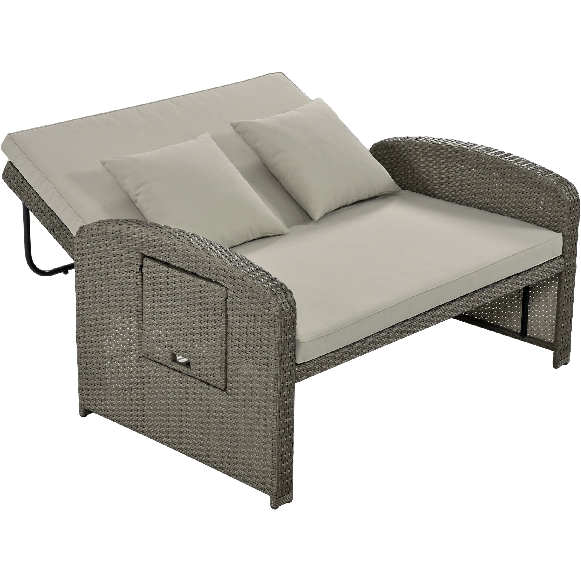 PE Wicker Rattan Double Chaise Lounge, 2-Person Reclining Daybed with Adjustable Back and Cushions, Free Furniture Protection Cover,Gray