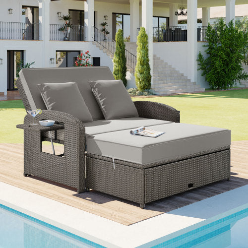 PE Wicker Rattan Double Chaise Lounge, 2-Person Reclining Daybed with Adjustable Back and Cushions, Free Furniture Protection Cover