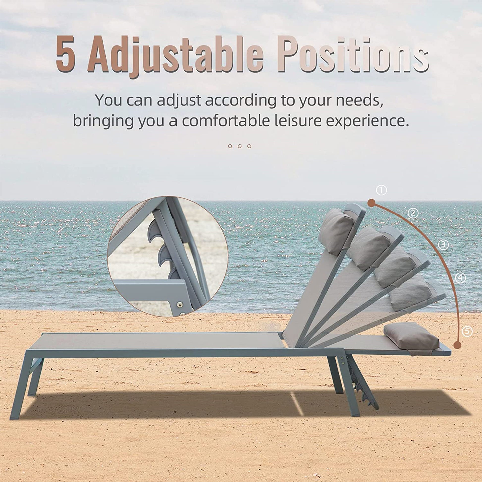 Patio Chaise Lounge Set of 3, Aluminum Lounge Chairs with 5 Adjustable Positions, Outdoor Chaise Lounge for Pool, Deck, Garden, Backyard, Sunbathing