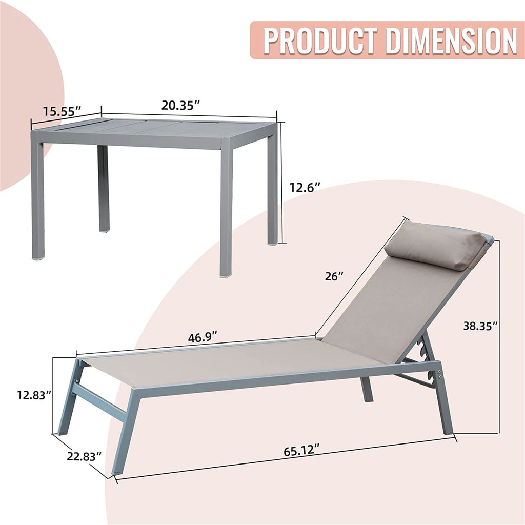 Patio Chaise Lounge Set of 3, Aluminum Lounge Chairs with 5 Adjustable Positions, Outdoor Chaise Lounge for Pool, Deck, Garden, Backyard, Sunbathing