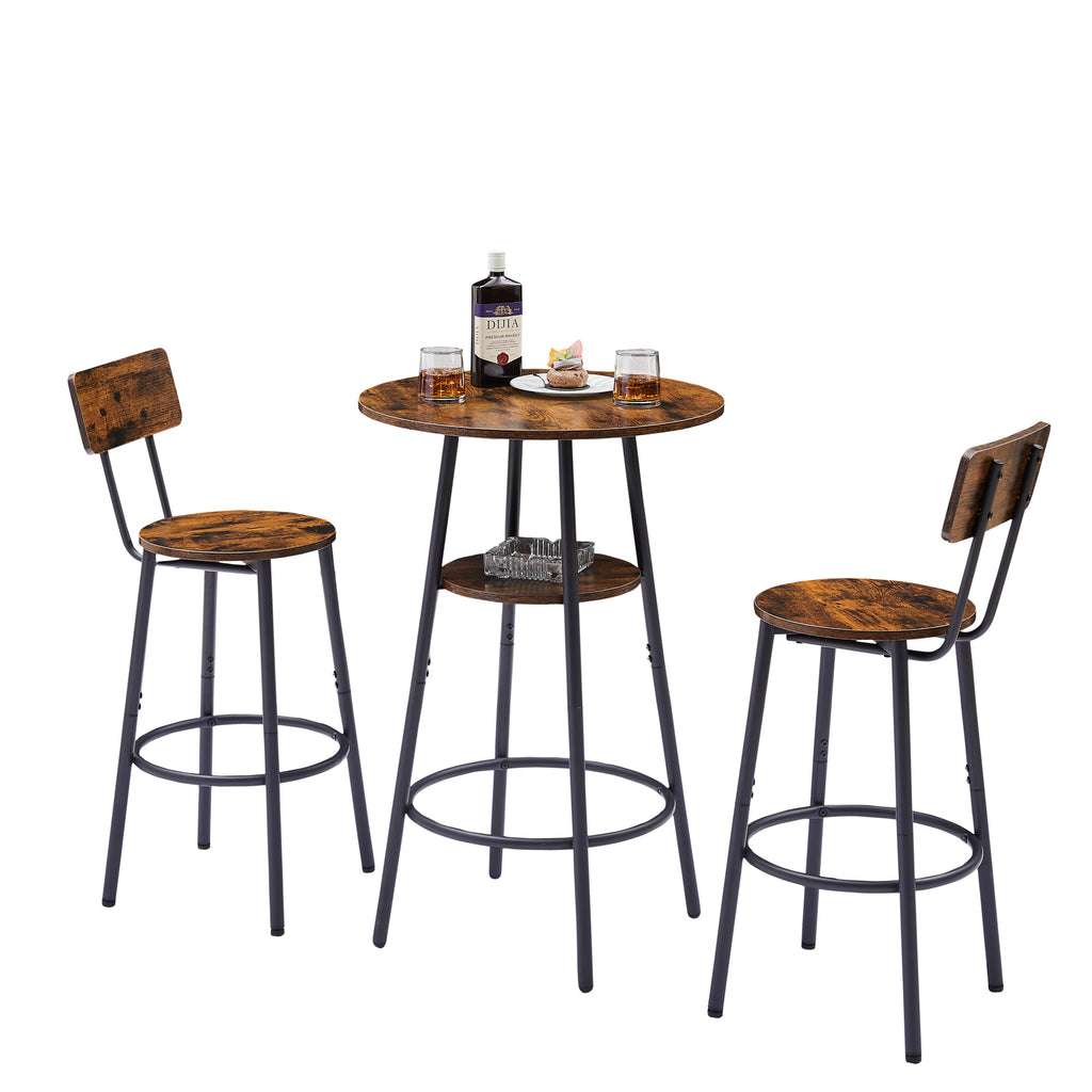 Round Bar Stool Set with Shelves, Rustic Backrest Stools for Home Bar and Kitchen