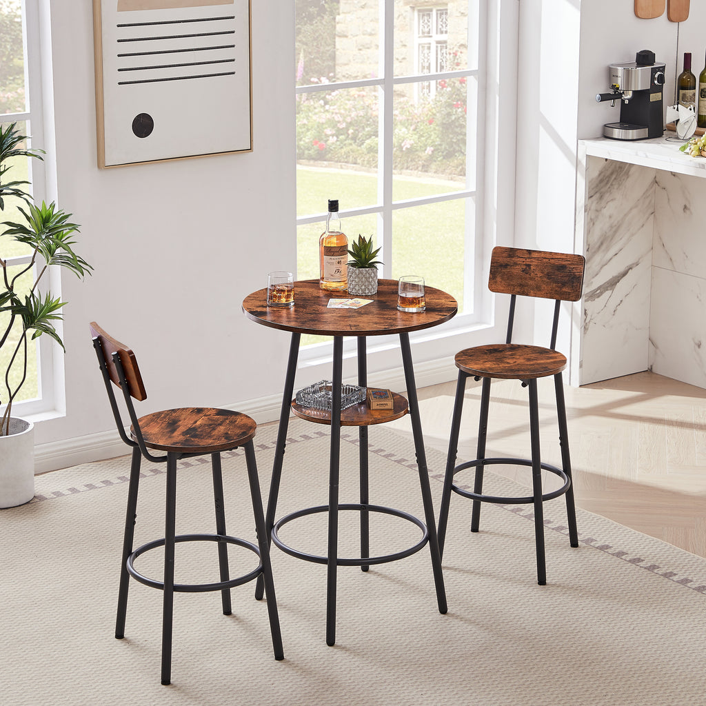 Round Bar Stool Set with Shelves, Rustic Backrest Stools for Home Bar and Kitchen