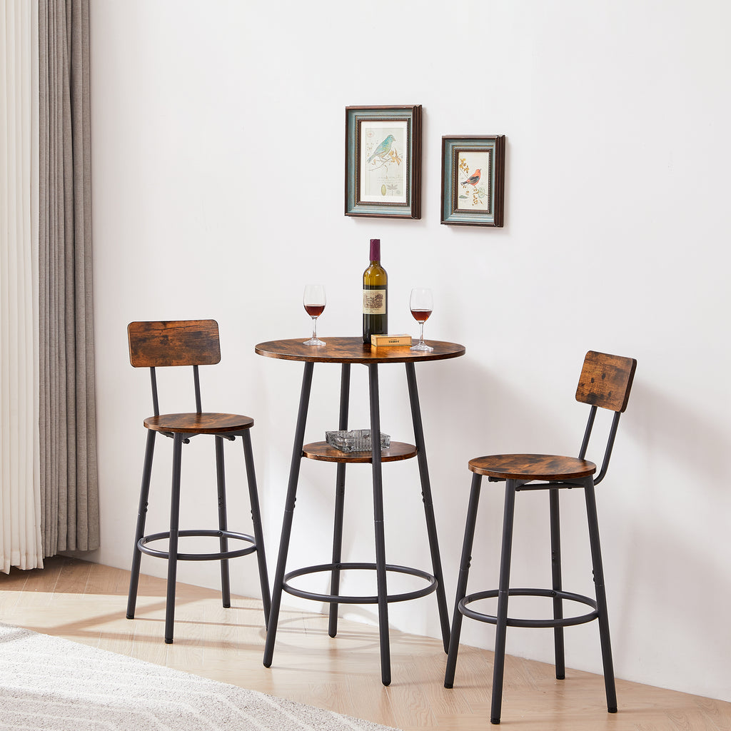 Round Bar Stool Set with Shelves, Rustic Backrest Stools for Home Bar and Kitchen