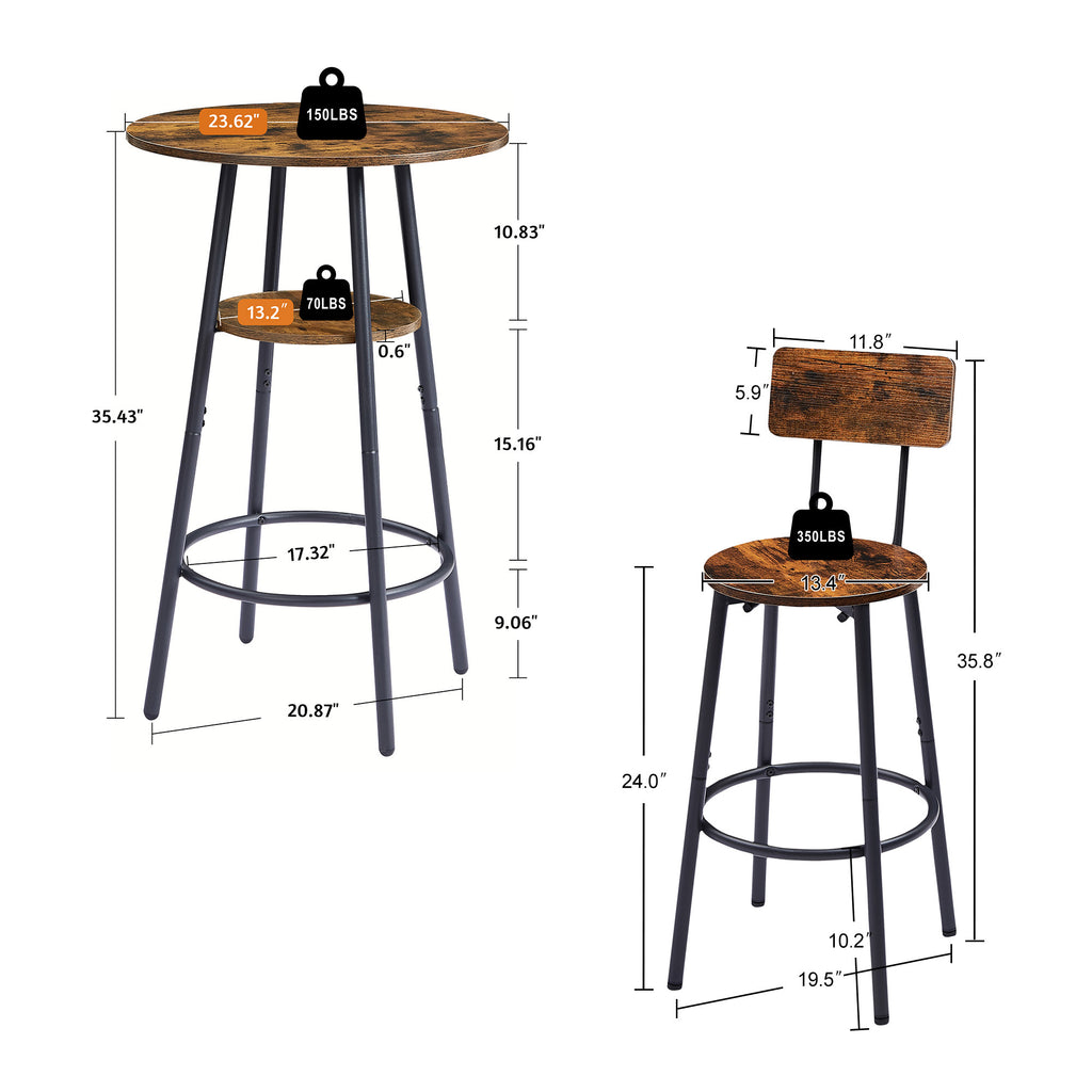 Round Bar Stool Set with Shelves, Rustic Backrest Stools for Home Bar and Kitchen