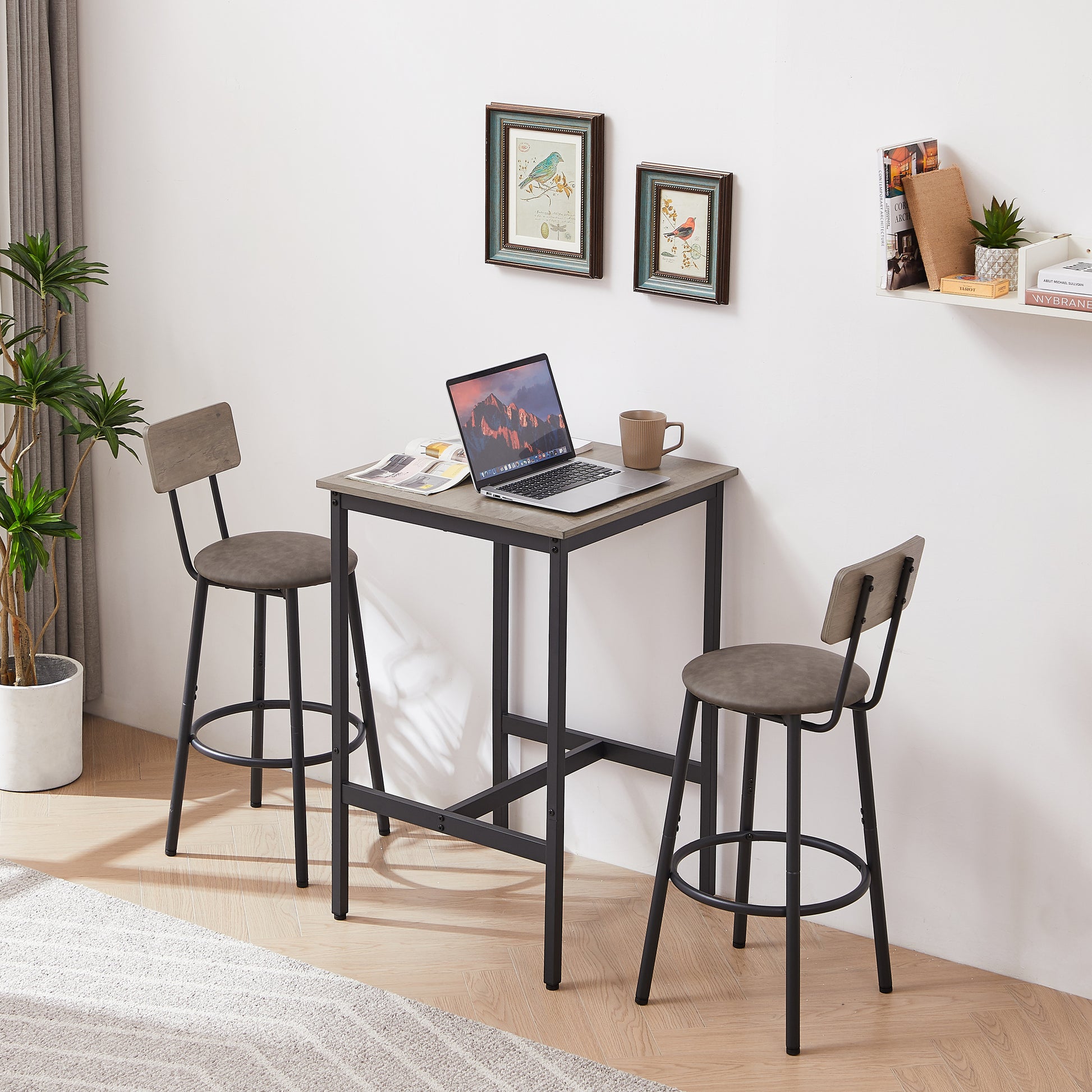 Bar Table Set with 2 PU Soft Seat Stools, Comfortable Backrest Bar Stools Set for Home Kitchen