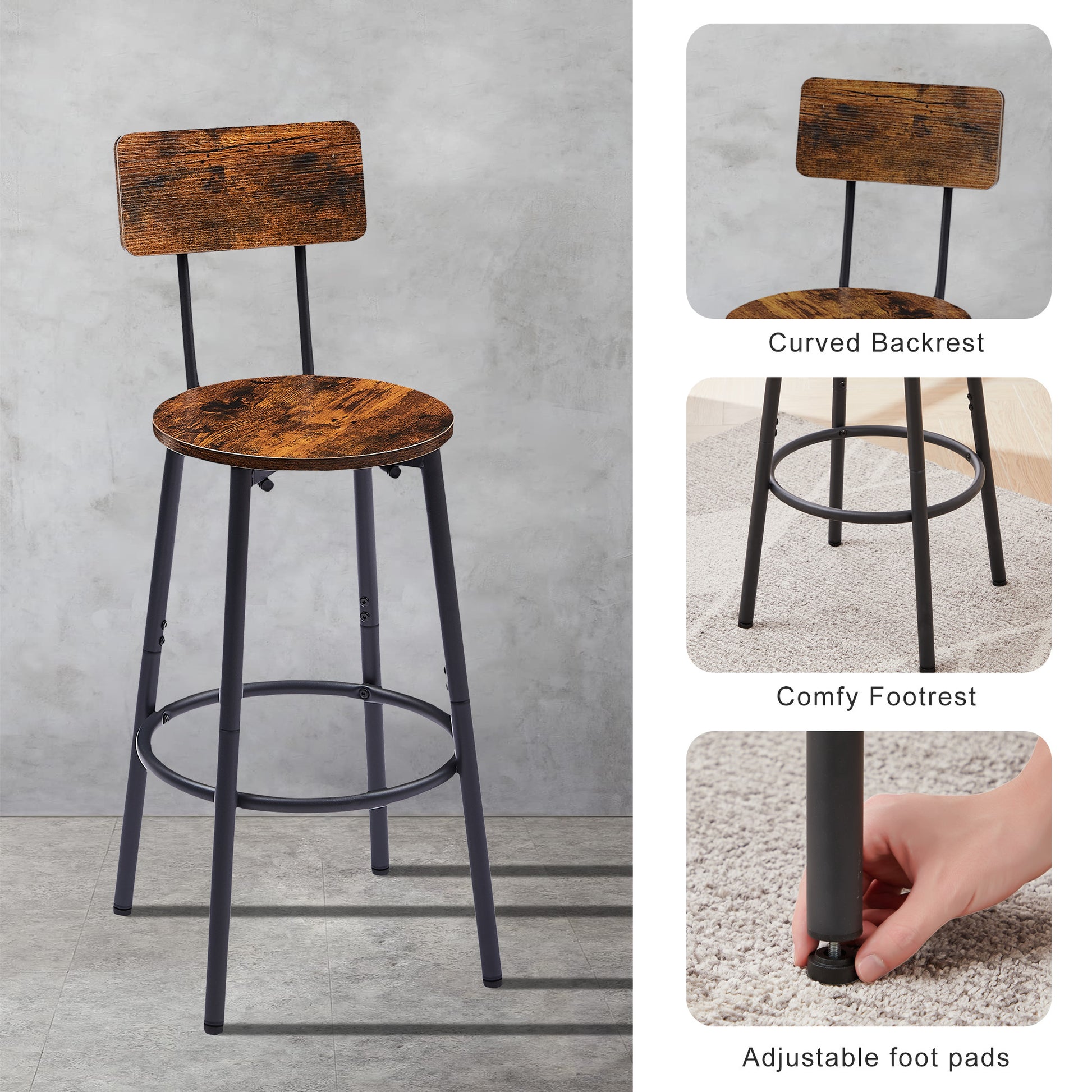 Round Bar Stool Set with Shelves, Rustic Backrest Stools for Home Bar and Kitchen