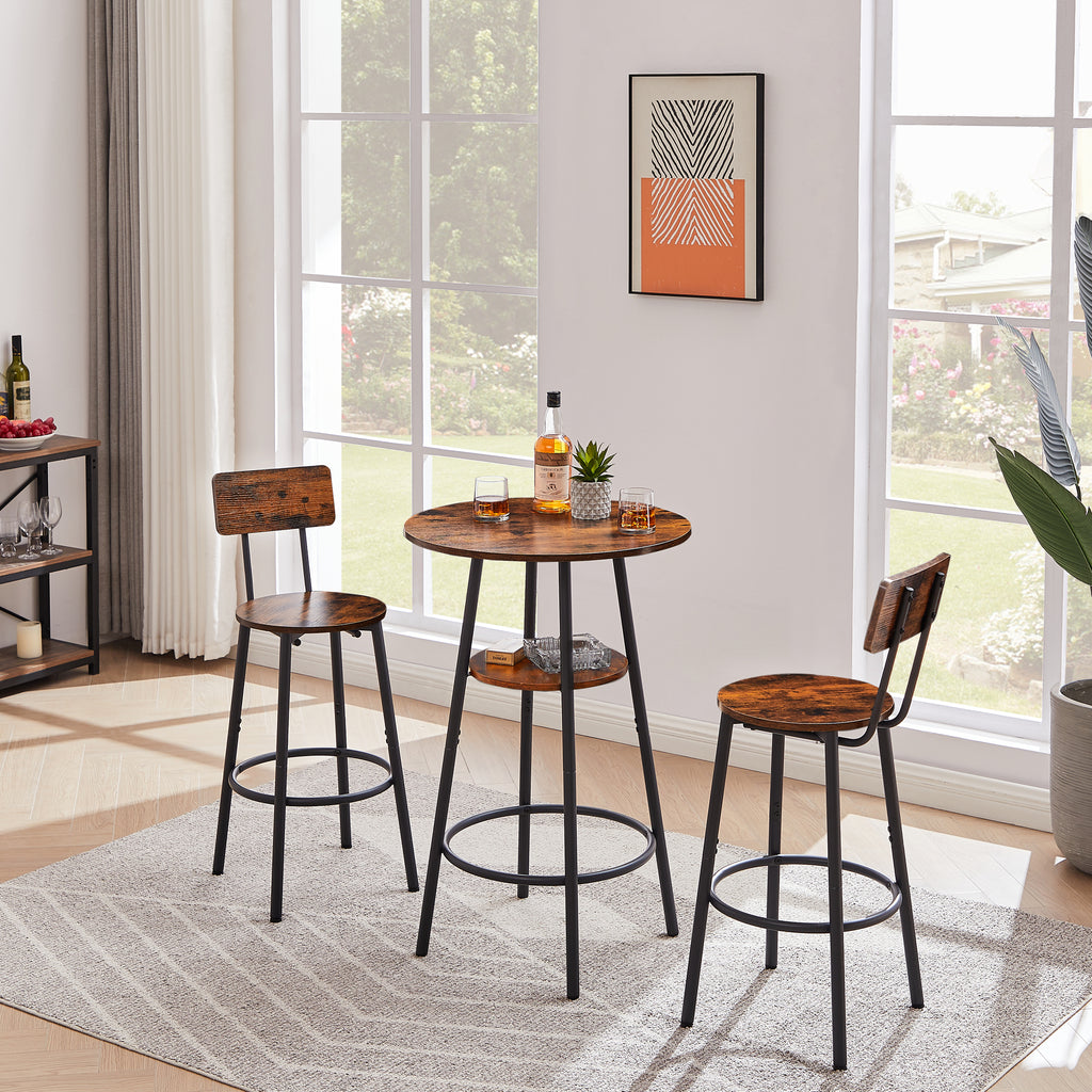 Round Bar Stool Set with Shelves, Rustic Backrest Stools for Home Bar and Kitchen