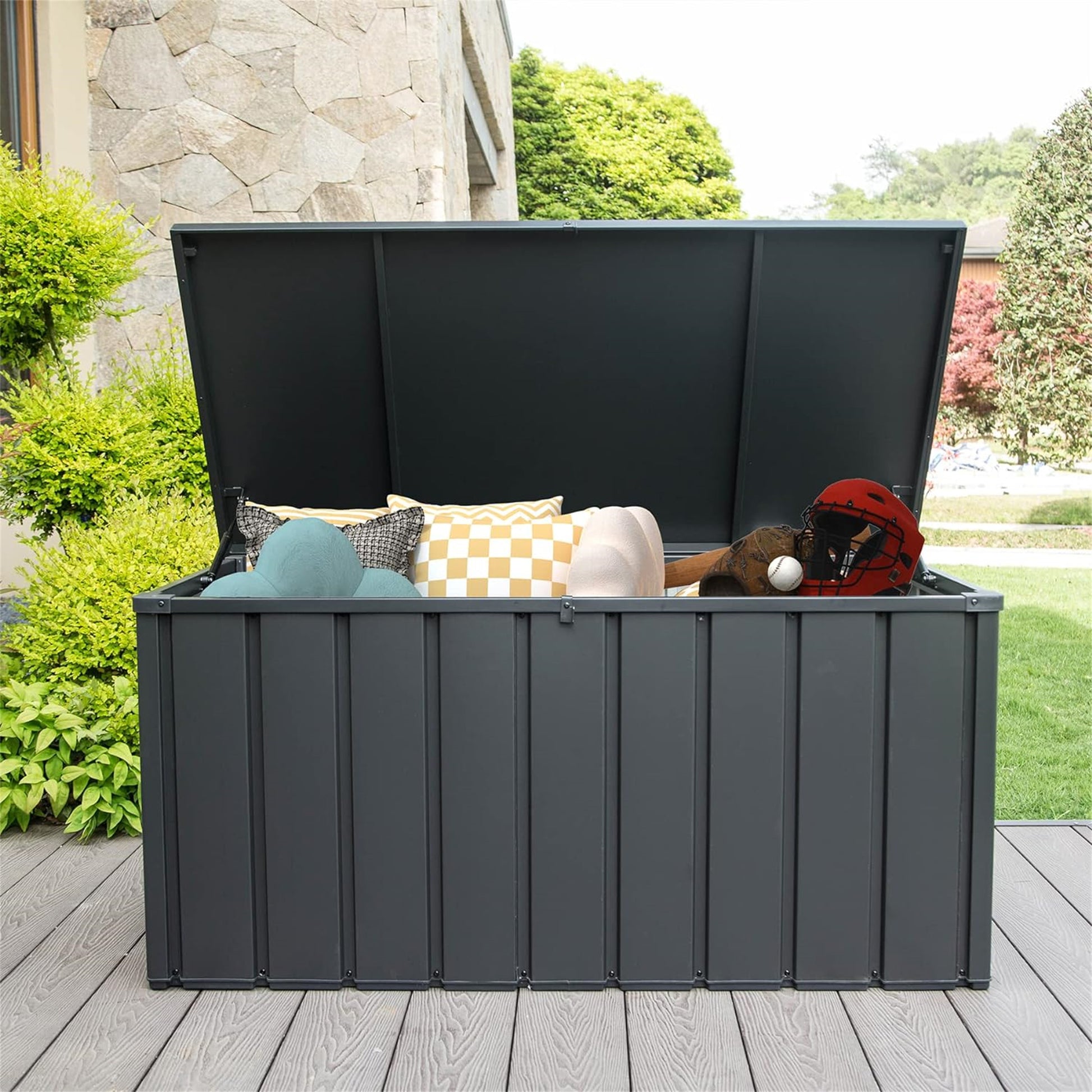 120 Gallon Patio Steel Storage Deck Box, Waterproof Lockable Bin for Cushions, Pillows & Tools
