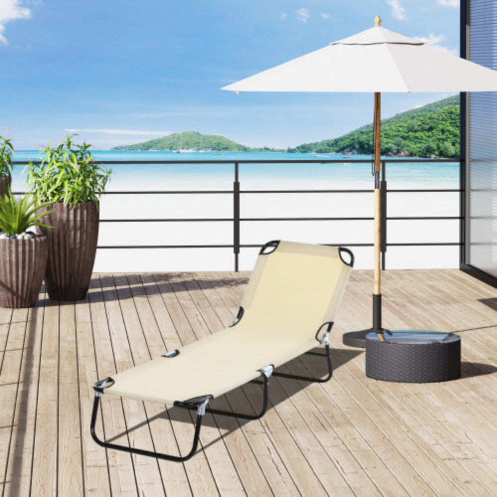 Foldable Outdoor Chaise Lounge Chair, 5-Level Reclining Tanning Chair with Durable Oxford Fabric for Beach, Yard, Patio & Pool, Beige