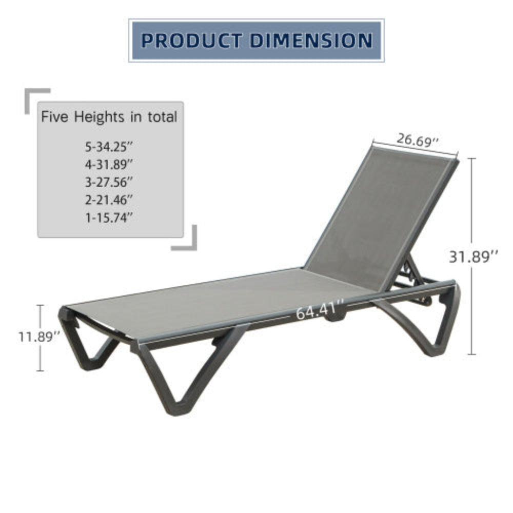 Outdoor Aluminum Patio Chaise Lounge with Adjustable Backrest, Polypropylene Poolside Chair for Sunbathing, Ideal for Beach, Yard & Balcony