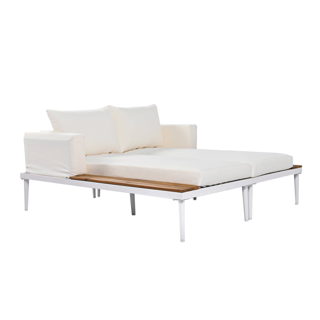 Modern Outdoor Daybed Patio Metal Daybed with Wood Topped Side Spaces for Drinks, 2 in 1 Padded Chaise Lounges for Poolside, Balcony, Deck, Beige