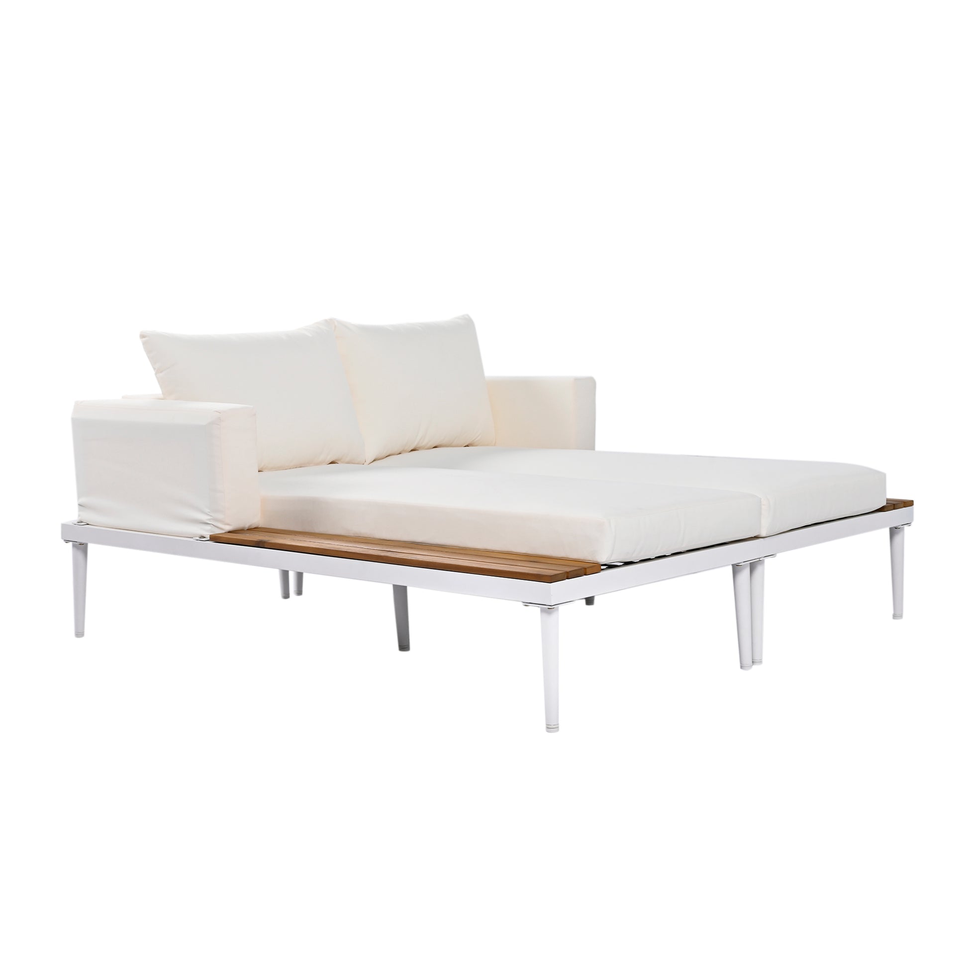 Modern Outdoor Daybed Patio Metal Daybed with Wood Topped Side Spaces for Drinks, 2 in 1 Padded Chaise Lounges for Poolside, Balcony, Deck, Beige