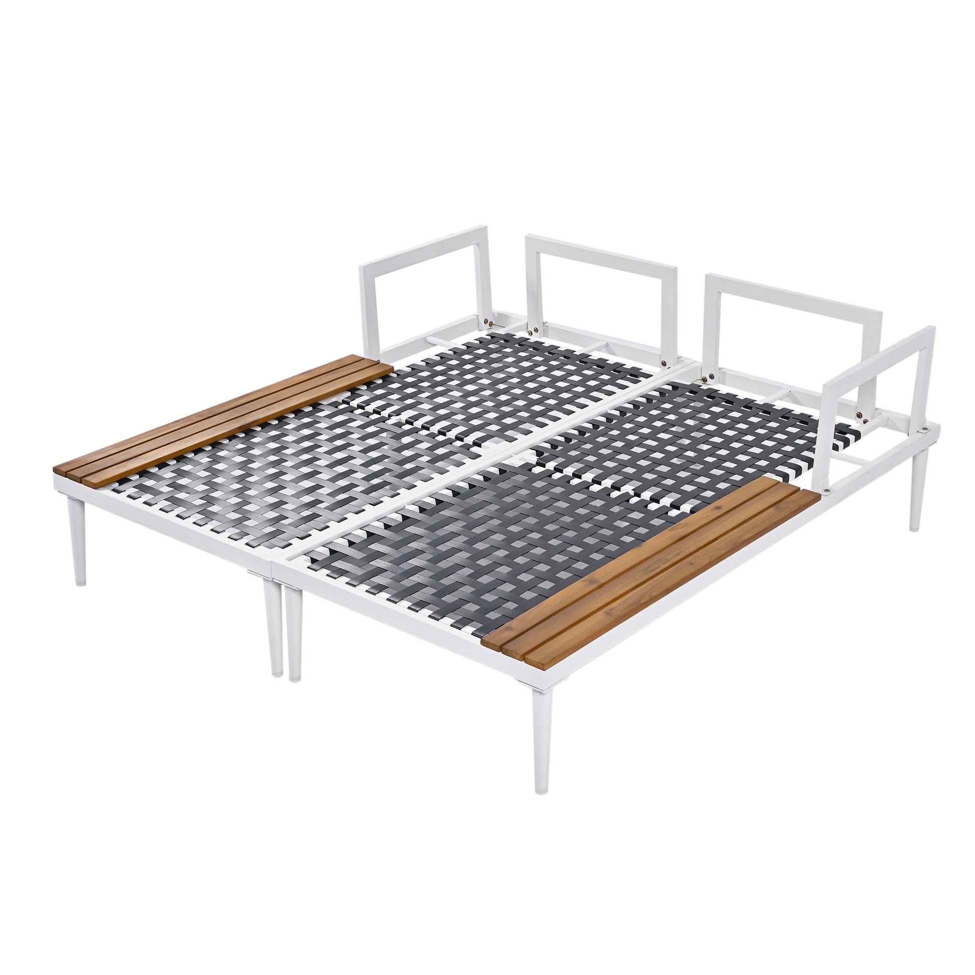 Modern Outdoor Daybed Patio Metal Daybed with Wood Topped Side Spaces for Drinks, 2 in 1 Padded Chaise Lounges for Poolside, Balcony, Deck, Beige