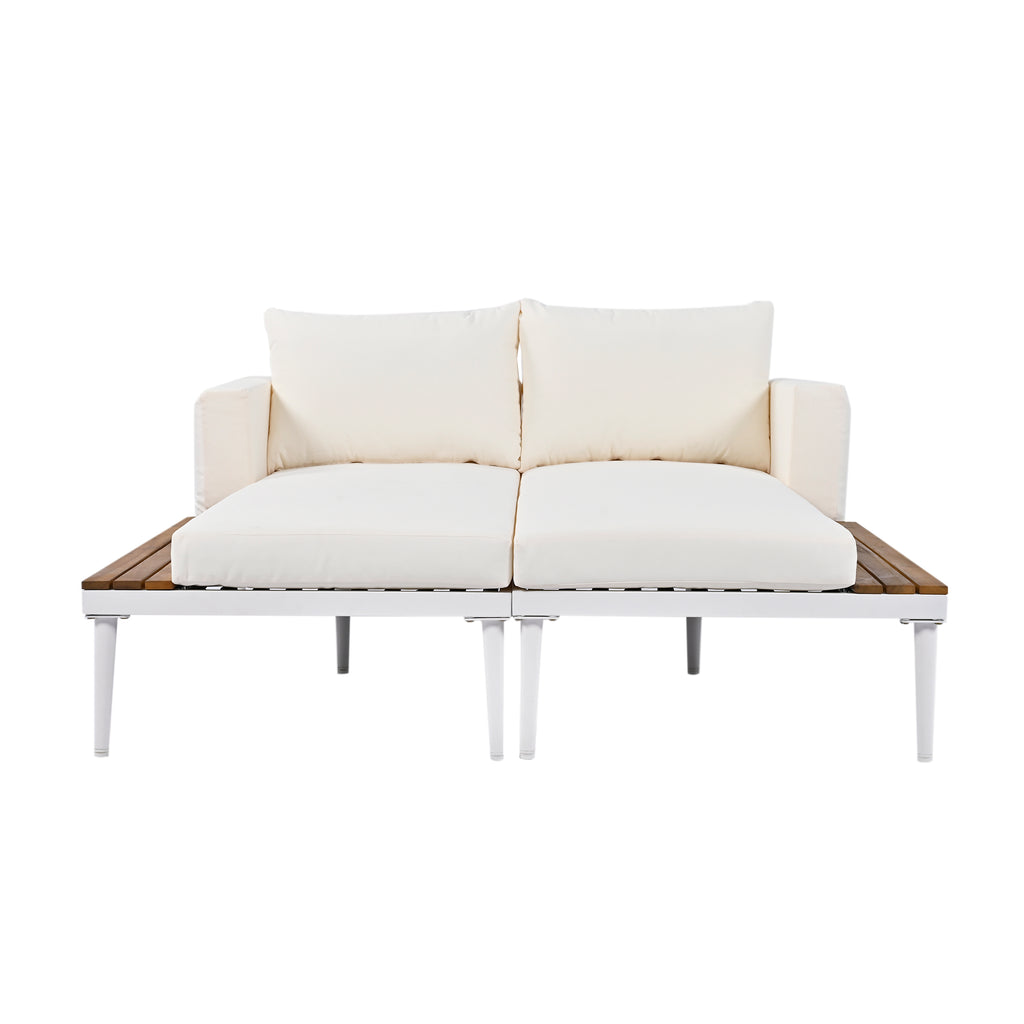 Modern Outdoor Daybed Patio Metal Daybed with Wood Topped Side Spaces for Drinks, 2 in 1 Padded Chaise Lounges for Poolside, Balcony, Deck, Beige