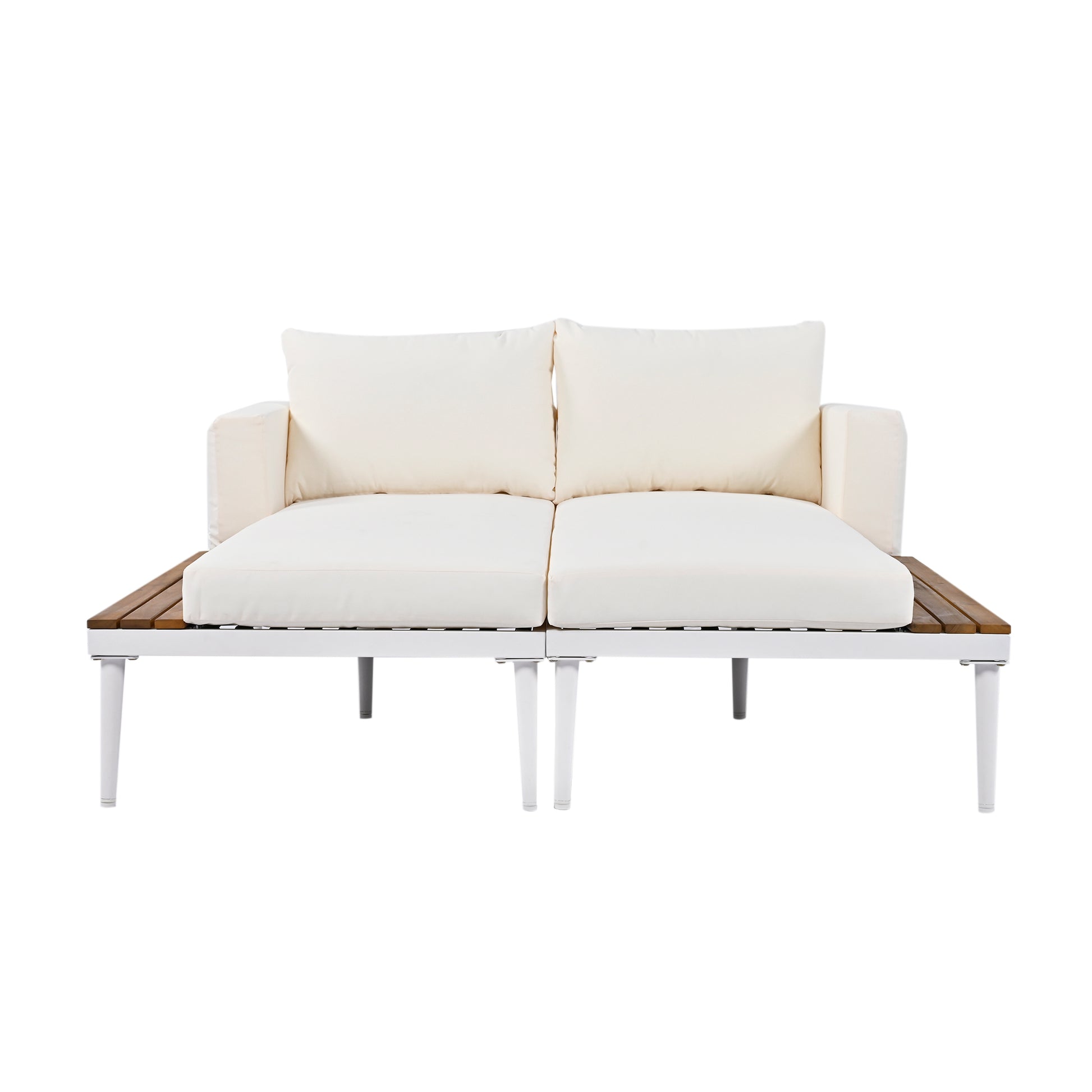Modern Outdoor Daybed Patio Metal Daybed with Wood Topped Side Spaces for Drinks, 2 in 1 Padded Chaise Lounges for Poolside, Balcony, Deck, Beige