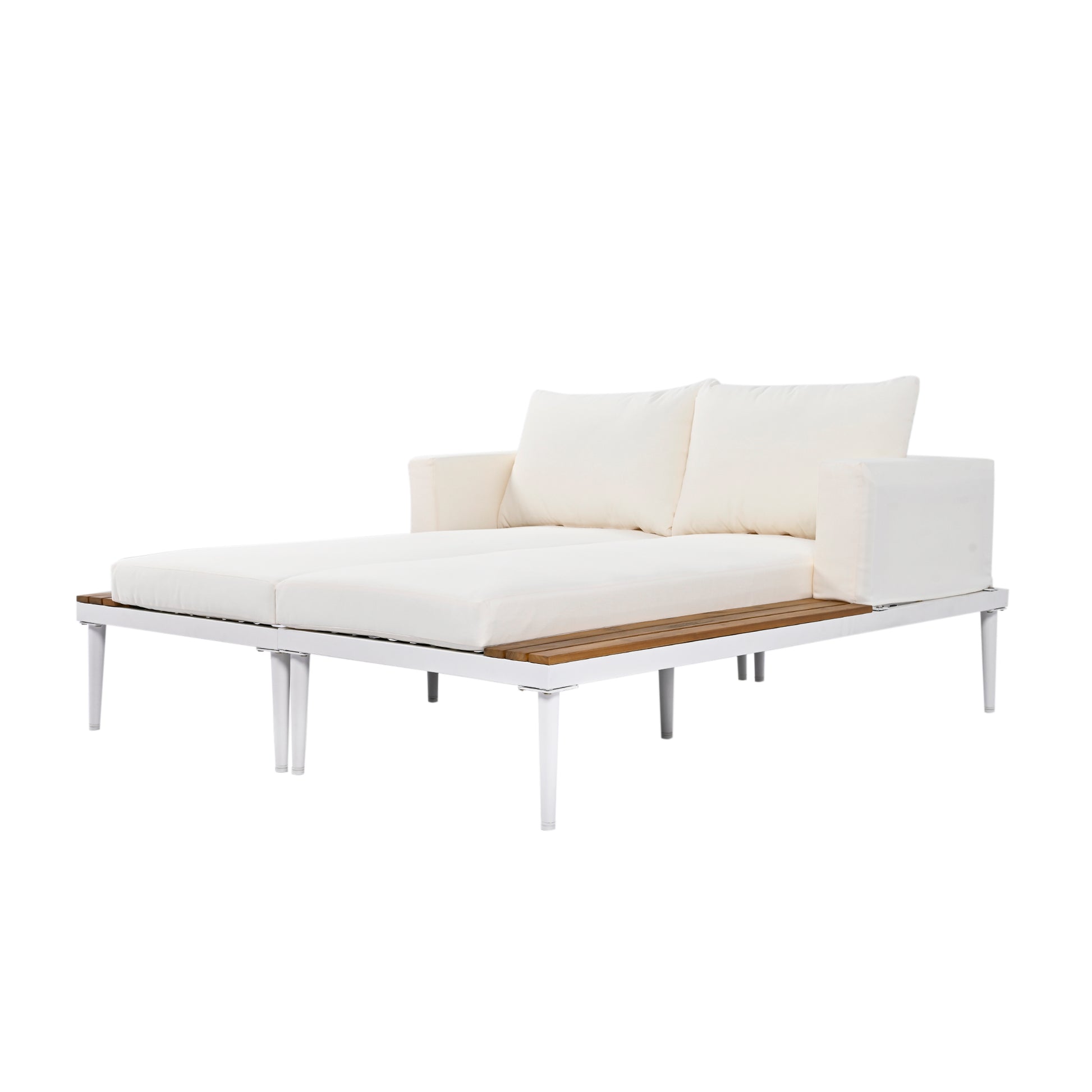 Modern Outdoor Daybed Patio Metal Daybed with Wood Topped Side Spaces for Drinks, 2 in 1 Padded Chaise Lounges for Poolside, Balcony, Deck, Beige
