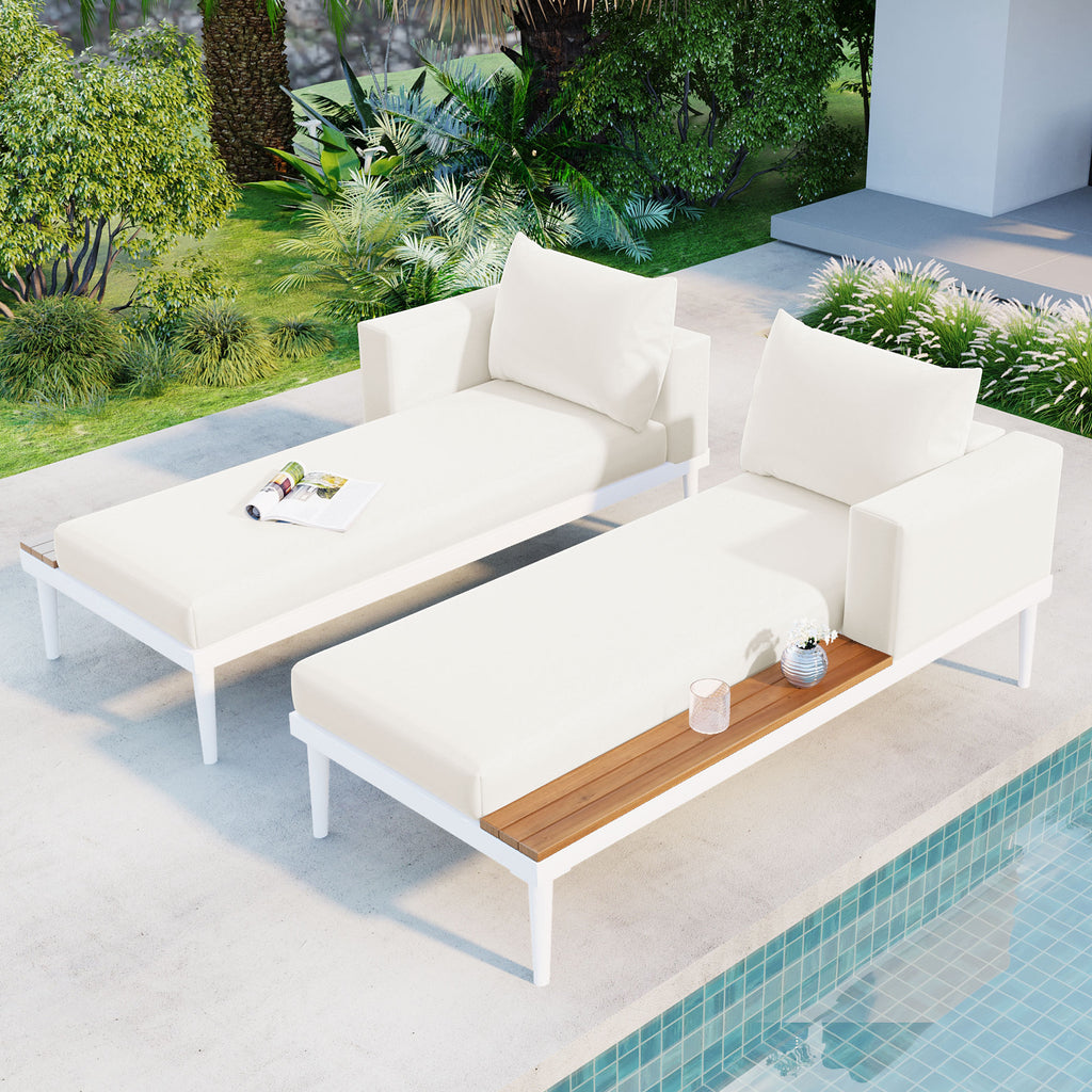 Modern Outdoor Daybed Patio Metal Daybed with Wood Topped Side Spaces for Drinks, 2 in 1 Padded Chaise Lounges for Poolside, Balcony, Deck, Beige