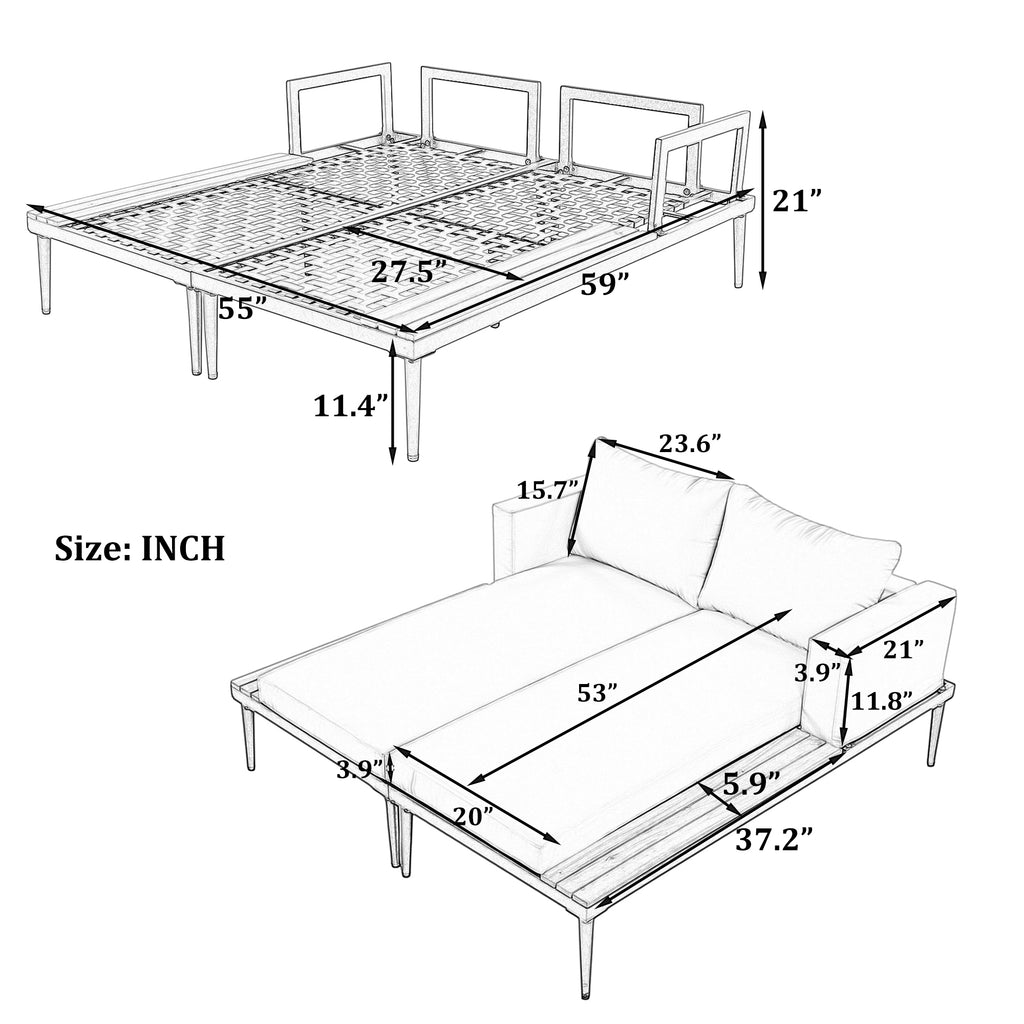 Modern Outdoor Daybed Patio Metal Daybed with Wood Topped Side Spaces for Drinks, 2 in 1 Padded Chaise Lounges for Poolside, Balcony, Deck, Beige