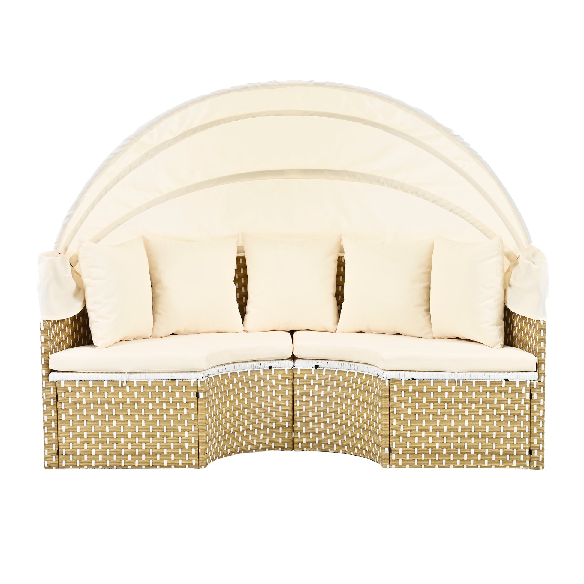 Patio Furniture Round Outdoor Sectional Sofa Set Rattan Daybed Two-Tone Weave Sunbed with Retractable Canopy, Separate Seating and Removable Cushion, Beige