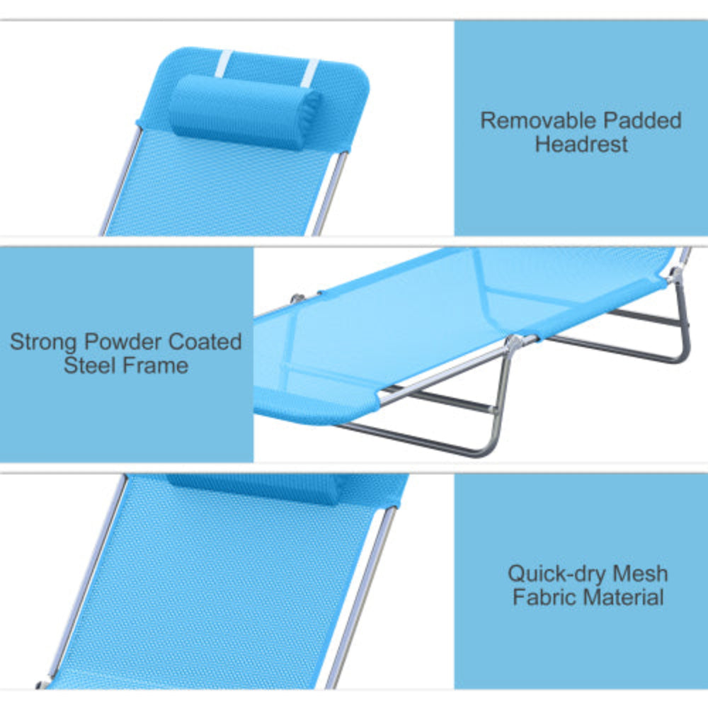 Folding Chaise Lounge Pool Chair, Outdoor Sun Tanning Chair with Pillow, Reclining Back, Steel Frame & Breathable Mesh for Beach Yard Patio Blue