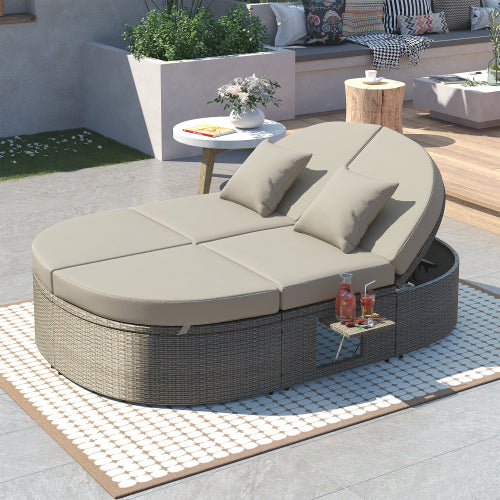 Outdoor Sun Bed Patio 2-Person Daybed with Cushions and Pillows, Rattan Reclining Chaise Lounge with Adjustable Backrests and Foldable Cup Trays